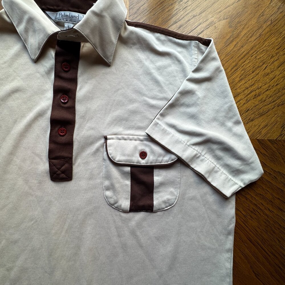 (L) PALMLAND VINTAGE Tan w/ Brown Trim on Pocket & Shoulder Seam Polo - Picture 2 of 6